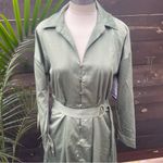French Connection  XS Satin Shirt Dress Green Belted Midi‎ Long Sleeve NWT Photo 6