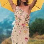 Mac Duggal  68606 Beige One Shoulder Floral Embroidered Gown in Yellow Multi 12 Photo 1