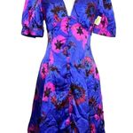 Topshop  Floral V-Neck A-Line Satin Mini Dress US 4 Blue Pink Short Sleeve Button Photo 2