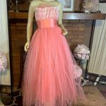 VINTAGE 1950'S HANDMADE CORAL PINK TULLE & LACE PARTY DRESS W/CRINOLINE (XS) Photo 0