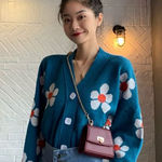 Cute Blue Knit Cardigan with Daisy Smile Flowers Kawaii Y2K Style Cozy Top Photo 0