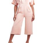 EXPRESS  Pastel Pink Satin 3/4 Kimono Sleeve Wide Leg V-Neck Cropped Jumpsuit NWT Photo 0