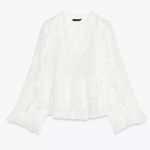 ZARA  NWT white ruffled v neck flowy top jacquard floral detail Photo 7