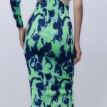 ZARA Green Asymmetric Jacquard V-Neck Dress Size M Spaghetti Strap One Sleeve Photo 1