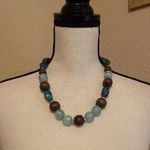 New York And Company Signed NY Blue Brown Bead Costume Necklace Adjustable Length Photo 0