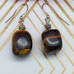 Lot of 2 Drop Dangle Natural Stone Pink & Tiger Eye Pierced Hook Earrings 1.25" Photo 6