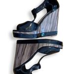 Black Patent Leather Faux Wood Grain Peep Toe SZ.8. High heel Wedge 5" Italian Photo 1