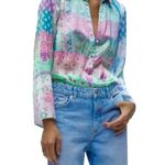 ZARA Satin Blouse - Sz XS - Pastel Patchwork print - Bell Sleeve - Top Photo 0