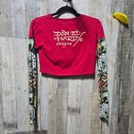 Ed Hardy WOMENS  MESH TRUE EAGLE TATTOO LONG-SLEEVE RED CROP TOP Photo 3