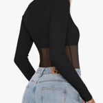 REORIA Women's Trendy Sexy Crew Neck Thumbholes Long Sleeve Sheer Mesh Bodysuit Black Photo 8