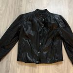 Bonjour Rare Vintage 80s Black Leather Moto Jacket Cropped Shoulder Pads Sz 5/6 Photo 0