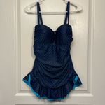 Pretty Polka Dot Navy/Teal Ruched Skater Swimdress Swimsuit Size Med EUC #1123 Blue Photo 1