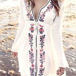 Boho Embroidered Tunic Dress OS/L Floral Plunge Neck Tunic Swim Coverup Kaftan White Size L Photo 0