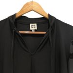 Anne Klein Black V Neck Blouse Sheer Lace Sleeve Pleated Collar Sz L Tie Neck Photo 2