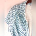 SO  XL Wavy Checkerboard Ruched Front Button Down Tee Mini Dress in  Light Blue Photo 3