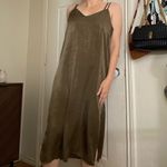 Lulus J.o.a Satin V Neck Midi Slip Dress Slit Shimmer Green‎ Medium Photo 1