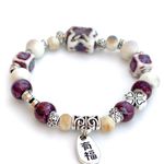 Burgundy Purple Bracelet ceramic beaded lucky clover silver charms Multiple Photo 2