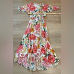 Anthropologie Abel the Label V-neck Hi Low Midi Dress White Pink Floral Rayon Size M Photo 1