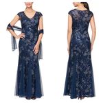 Alex Evenings Alex Navy Embellished Lace Gown & Shawl Size 10 NWT Photo 1