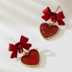 Elegant Red Heart Bow with Glittery Gold Trimmed Design Earrings NWT Photo 1