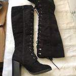 Black fabric suede lace up over the knee knee high boots 3”’block heels Size 6 Photo 1