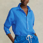 Ralph Lauren The LAUREN ® Roll-Tab-Sleeve Aqua Blue Turquoise Linen Shirt Photo 0