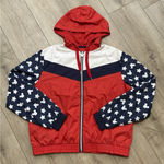 Disney  Mickey Mouse Red White Blue Jacket Windbreaker Full Zip‎ Hooded Sz Medium Photo 0