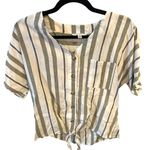 Linen Blend Striped Button and Tie‎ Front White and Green Photo 1