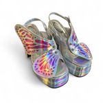 American Vintage CHUNKY SILVER IRRIDESCENT BUTTERFLY‎ SANDALS FESTIVAL HEELS SIZE 5. Photo 1