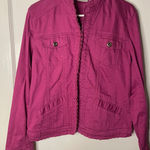 Chico's  Platinum Ruffle Trim Jacket Size 1 Magenta Cotton Blend medium Photo 0