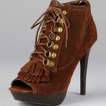 N.Y.L.A. Sabie Brown Suede Tassel Booties Peep Toe Lace Up Ankle Boots 7.5 Boho Photo 0