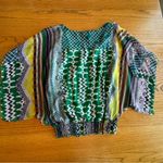 Metro  22 Tunic Top Women 1X Embellished Sheer Lined Green Geometric Short Sleeve Photo 1