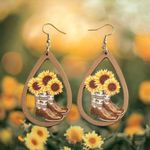 Western Retro Personality Cowboy Boots Sunflower Earrings Wooden Water Drop‎ Photo 1