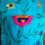 Vintage 90s Embroidered Turquoise Blue Pink Floral Folk Art Cotton Midi Dress Photo 9