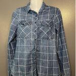 Japna  Shirt Womens Small Blue Chambray Windowpane Plaid Button Down Long Sleeve Photo 0
