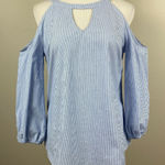 White House | Black Market Top Womens 2 Blue Pinstripe Cold Shoulder 3/4 Sleeve Photo 0