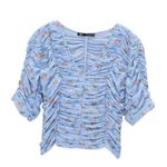 ZARA NWT Blue Tulle Print Floral Ruched Top Blouse Small Photo 4