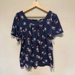 Lucky Brand Floral Square Neck Peasant Short Sleeve Cotton Top Size S Blue Photo 3