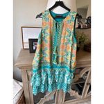 HEMANT AND NANDITA Ruffle Shift Dress in Blue Vintage Tile Green Size M Photo 1