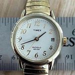 Timex Ladies Watch Vintage Gold Tone Stretch Bracelet Round White Dial Date Wndw Photo 1
