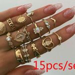 Independent 15 Pc Boho Love Midi Rings Set, Gold Photo 0