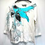 Chico's Chico’s Additions White with Teal & Black Flower 3/4 Sleeve 100% Cotton Top Photo 0