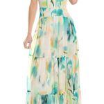 NWT Liv Foster Green Blue Watercolor Printed Chiffon Long Dress Sz 2 $395 Retail Photo 0