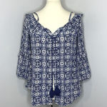Figue Blue White Silk Off Shoulder Indian Boho‎ Blouse Top Shirt Medium M Photo 0