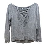 American Eagle  Macrame V Neck Fringe‎ Gray Sweatshirt Size Medium Mod Boho Chic Photo 0