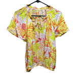 Floral Print Blouse Yellow Orange White Tie Neck Short Sleeve Top size L Size L Photo 0
