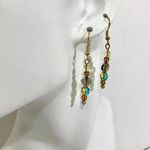 Crystal & glass bead earrings, amber & blue dangles, gold tone ear wire Photo 2