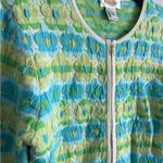 Talbots Vintage 90s Does 70s Green Blue Daisy Floral Knit Zip Cardigan Womens L Photo 1