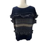Dana Buchman  Blue & Cream Fringed Short Sleeve Cotton Sweater Photo 4
