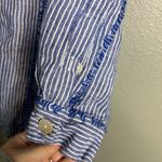 John Mark  Button Up Linen Top Women's 1X Blue White Stripe Roll‎ Tab Fringe Photo 6